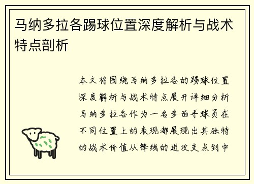 马纳多拉各踢球位置深度解析与战术特点剖析