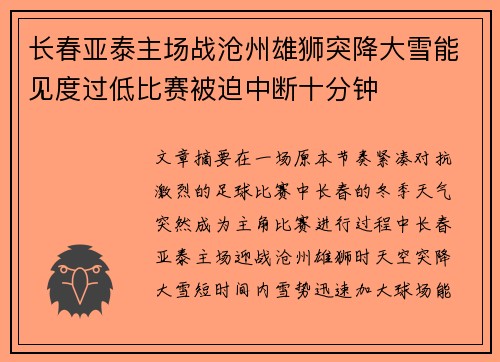 长春亚泰主场战沧州雄狮突降大雪能见度过低比赛被迫中断十分钟 长春亚泰主场战沧州雄狮突降大雪能见度过低比赛被迫中断十分钟
