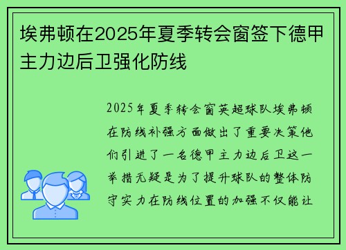 埃弗顿在2025年夏季转会窗签下德甲主力边后卫强化防线